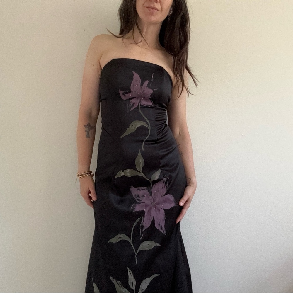 Vintage Y2K 90s XOXO black formal strapless gown with floral detail and corset.